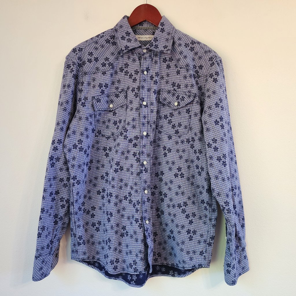James Cambell Men's Floral & Small Check Long Sleeve Shirt Xl, Snap Pearl Button